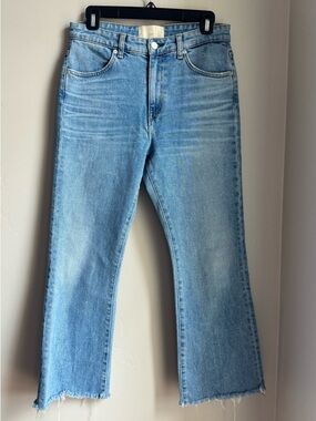 CQY Raw Hem Flare Jeans Light Wash Modern Vintage Clean Girl 27 Cottagecore Chic